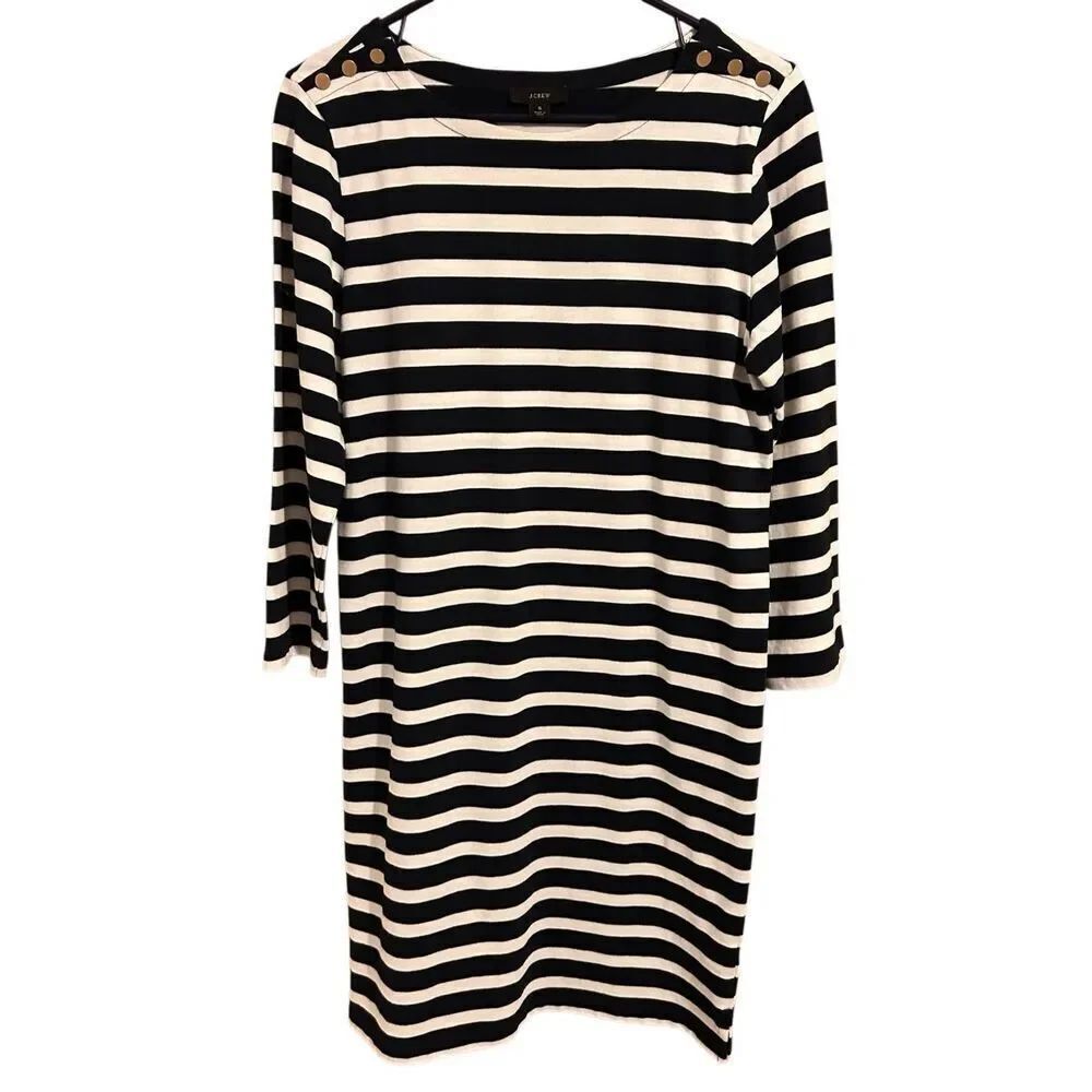 J. Crew Cotton Knit T-Shirt Dress Navy White Stripe 3/4 Sleeves Gold Accent Shou